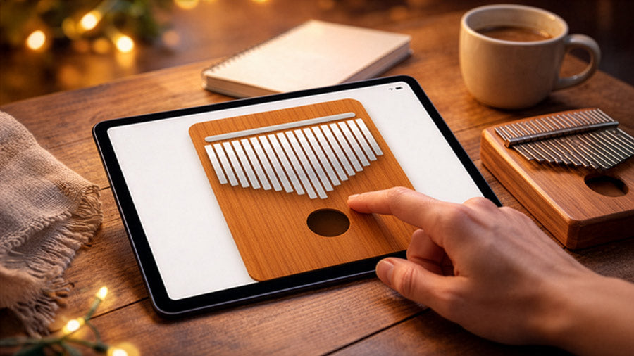 Hand interacting with an iPad showing a digital kalimba app on a wooden table, beside a real wooden kalimba, notebook, and coffee mug in a warm, cozy setting.