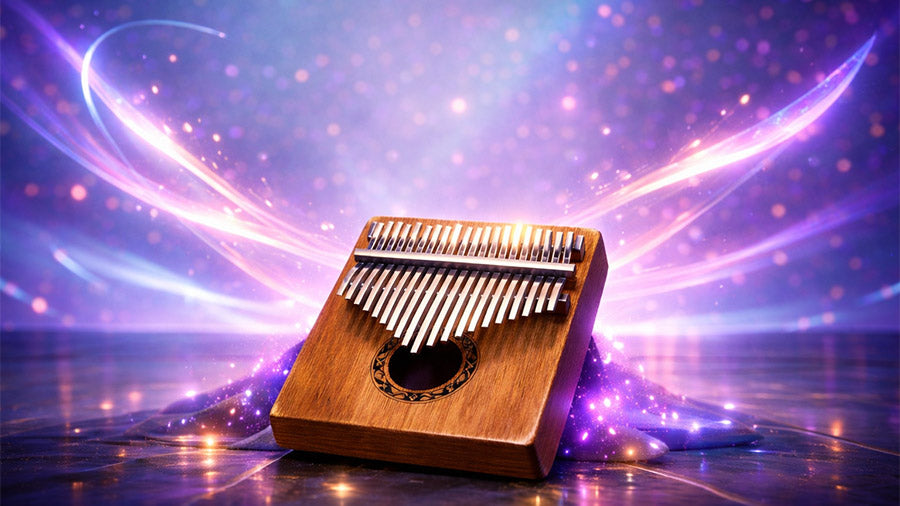 17 key kalimba with glowing cinematic energy inspired by K-pop Demon Hunters, used as a featured image for kalimba tabs and beginner-friendly kalimba music tutorials.