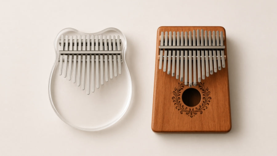 Side-by-side comparison of a clear acrylic kalimba and a carved wooden kalimba, both well-lit to highlight their different materials and designs.