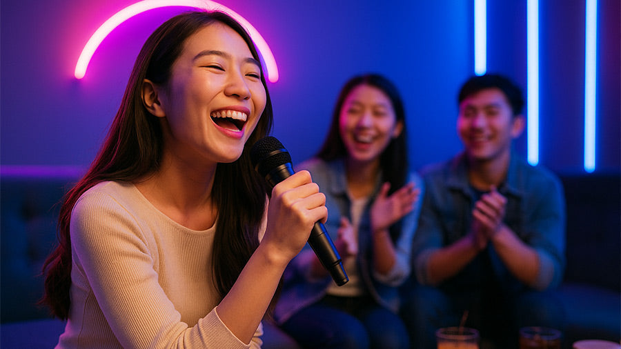 A young East Asian woman joyfully sings into a microphone in a neon-lit karaoke lounge, laughing with friends who clap and cheer in the background.