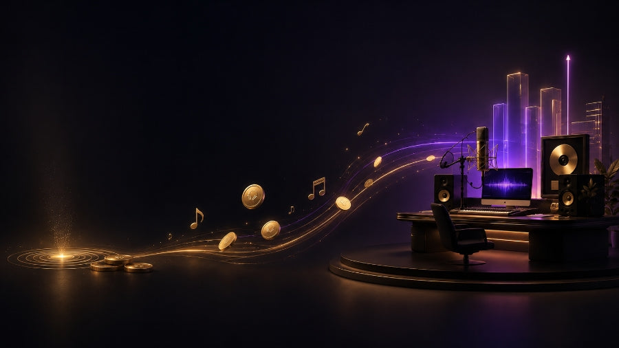 Premium music progression scene showing coins, musical notes, and a studio setup representing the Music Empire browser game