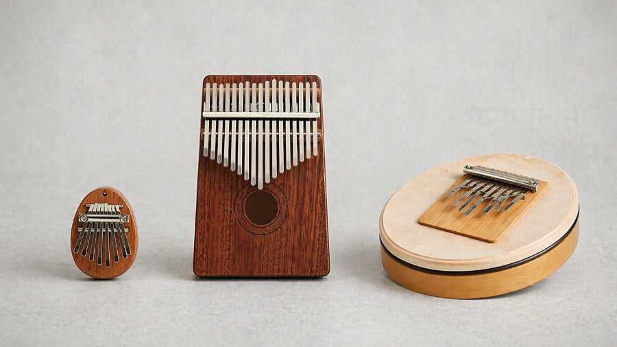 Pocket kalimba, yulin kalimba and sansula model on grey studio background