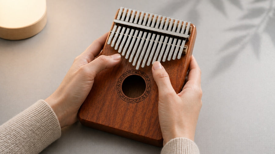 Hands playing a wooden kalimba on a silver grey surface with soft warm lighting in a calm minimalist setting for relaxation music.