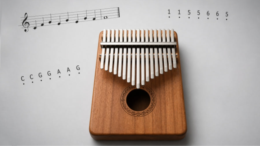 Kalimba with standard notation, letter notation and number notation on a light grey studo background