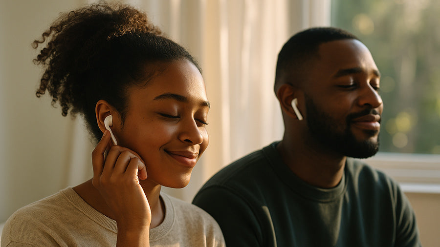 A young African American couple sitting together indoors, both smiling with eyes closed while listening to music through white wireless earbuds, bathed in soft natural sunlight.