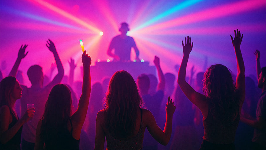 Crowd dancing in a vibrant nightclub with neon pink and blue lights shining behind a DJ performing on stage.