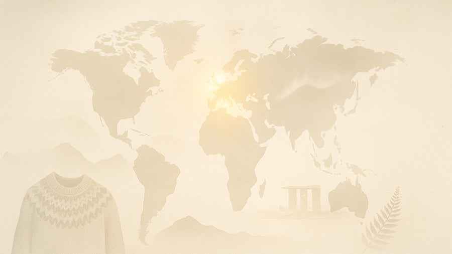 A minimalist world map with soft-focus contours and glowing highlight over Northern Europe and Oceania, suggesting safe and peaceful travel destinations.