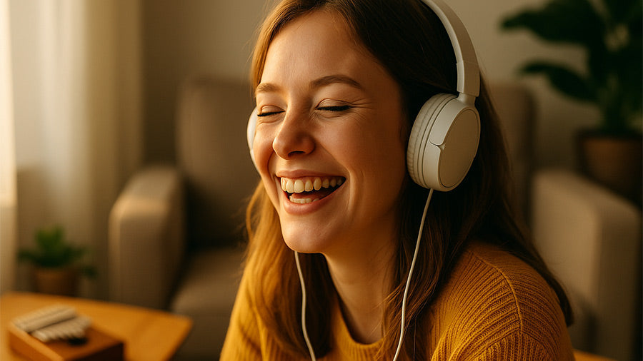 A young White British woman wearing white headphones and a mustard-yellow sweater laughs joyfully while listening to music in a cozy living room, with a wooden kalimba placed on the coffee table beside her.