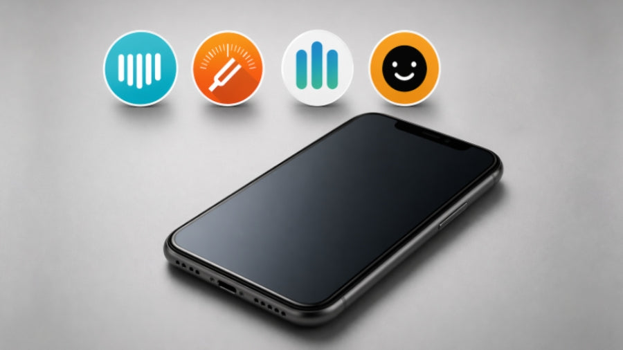 The Best Kalimba Apps above a smartphone on a grey studio background