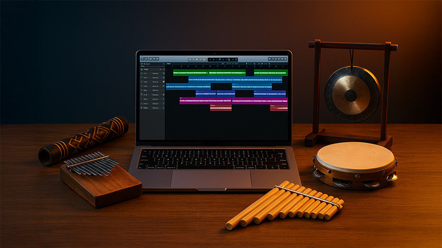 A MacBook Pro on a wooden desk displays a digital audio workstation with colorful tracks, surrounded by traditional instruments including a kalimba, rainstick, panpipes, tambourine, and a gong, under cinematic Apple-style lighting.
