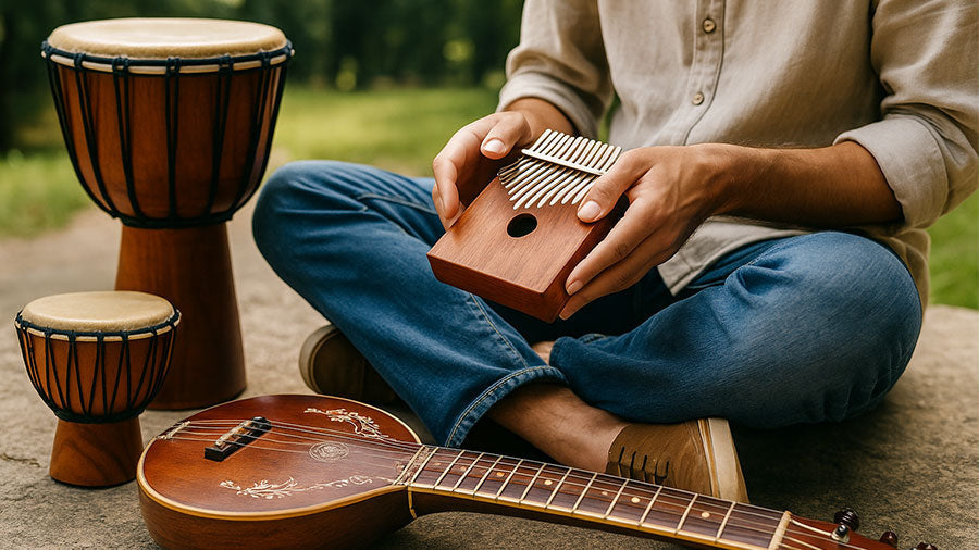 A musician seated outdoors plays a wooden kalimba surrounded by traditional instruments including a djembe drum and sitar, with warm sunlight and greenery in the background.