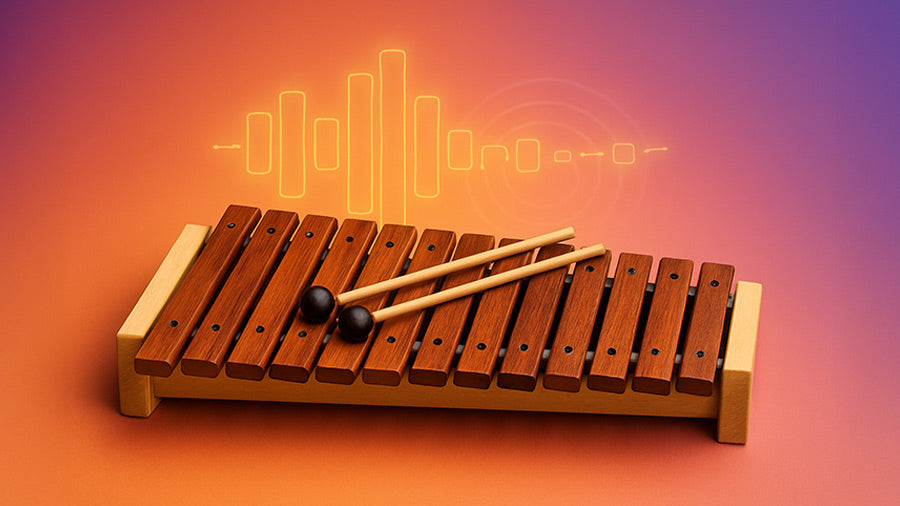 A polished wooden xylophone with two mallets rests on its bars, set against a vibrant gradient background with a glowing digital waveform floating above, symbolizing xylophone sample packs for producers.
