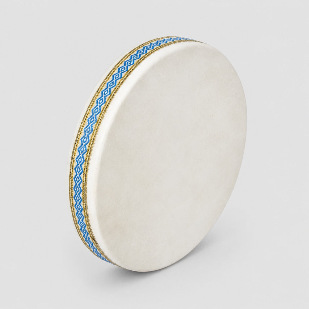 White drum with blue and gold rim on a light gray background