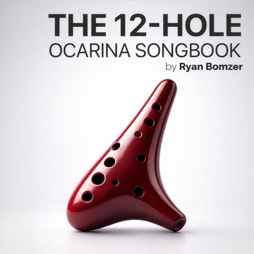 Red ocarina on a white background with text 'The 12-Hole Ocarina Songbook by Ryan Bomzer'.