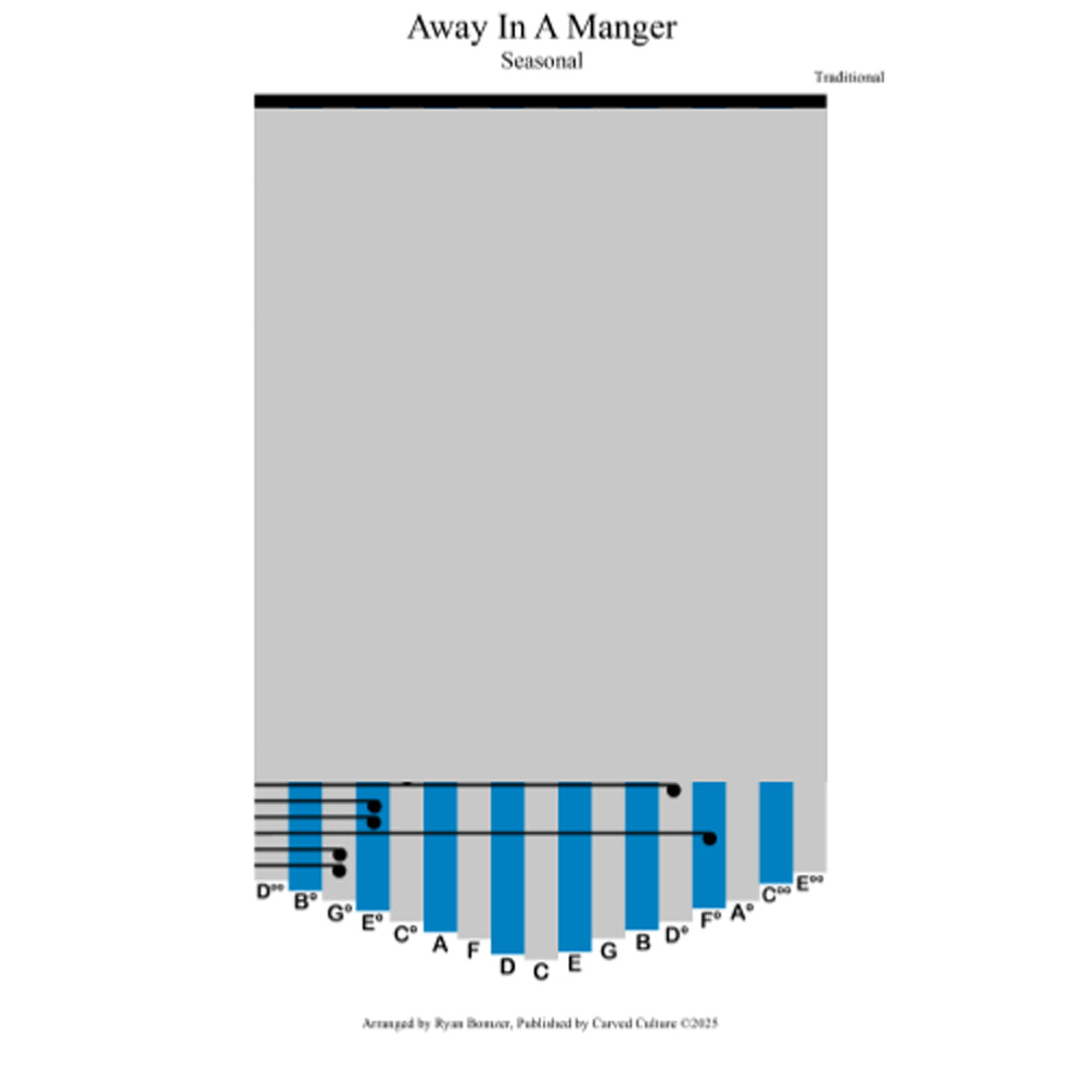 Sheet music cover for 'Away In A Manger' with a gray background and blue clef symbols.