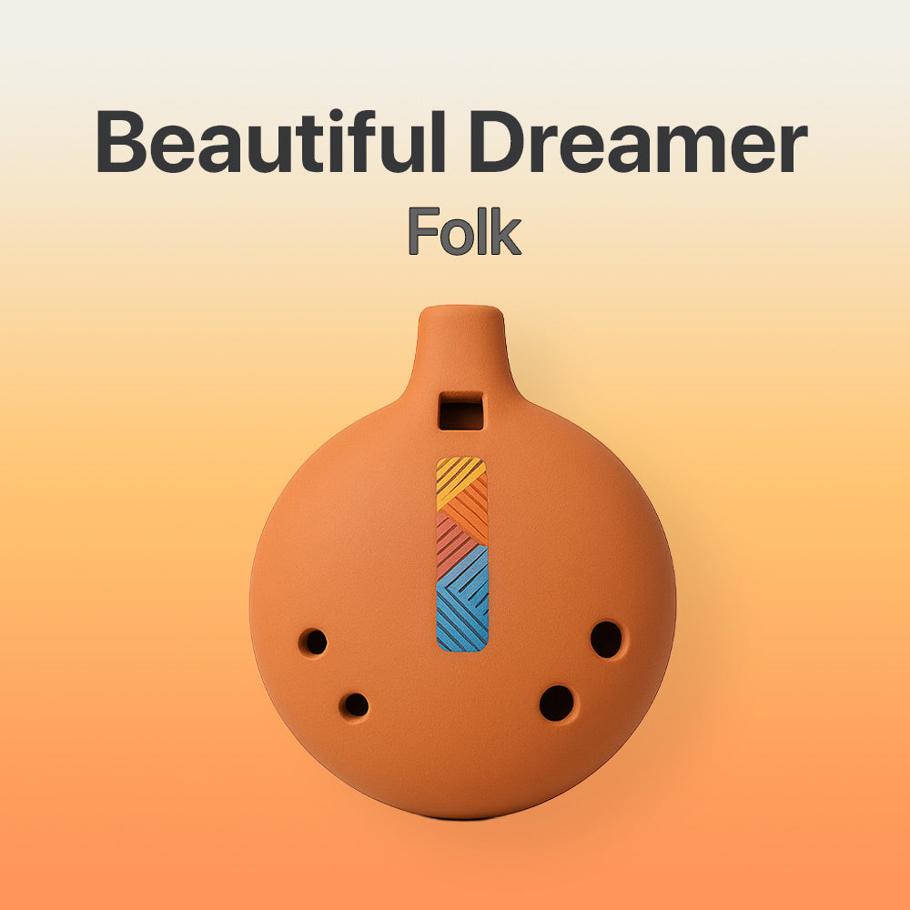 Ceramic ocarina with colorful design on a gradient background, featuring the text 'Beautiful Dreamer Folk'.