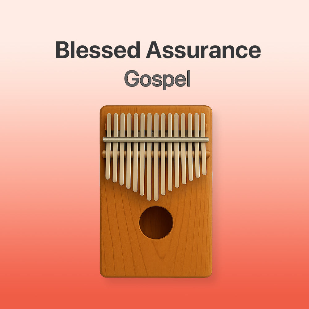 Wooden kalimba with 'Blessed Assurance Gospel' text on a gradient background