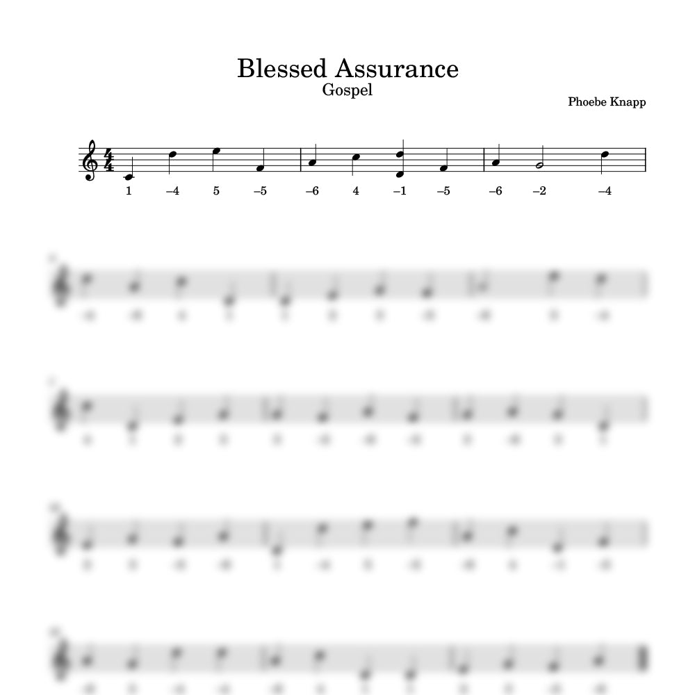 Sheet music for 'Blessed Assurance' by Phoebe Knapp with number notation preview