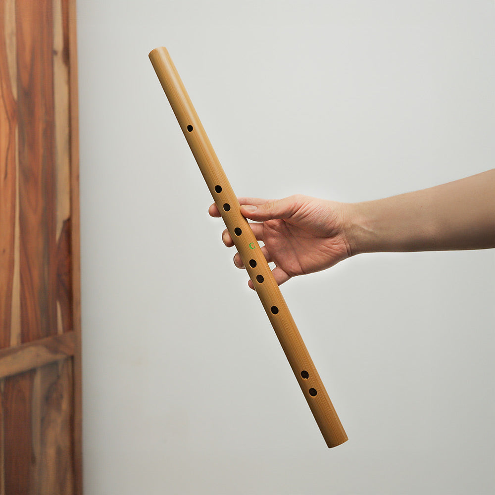 Chinese bamboo flute held in hand to show scale size.