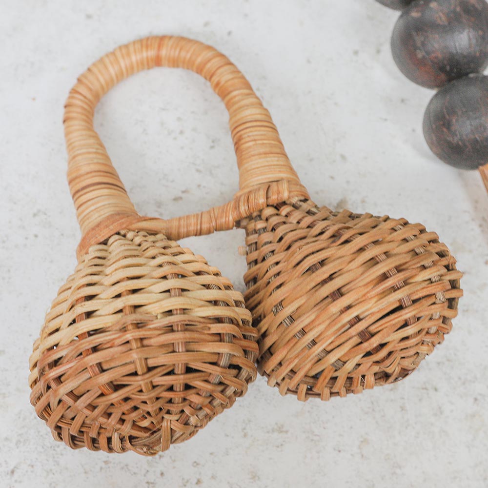 Close up of the hand woven african double Kambala Shaker percussion instrument