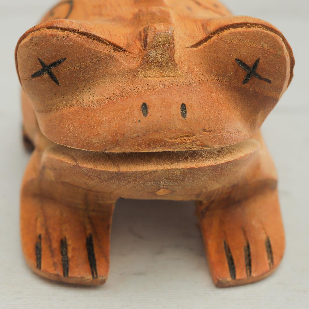 Close up of the wooden carved indonesian Jati frog guiro face