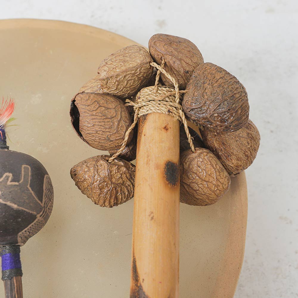 Close up of the raha stick seed shaker with bamboo handle on top of a shamanic drum