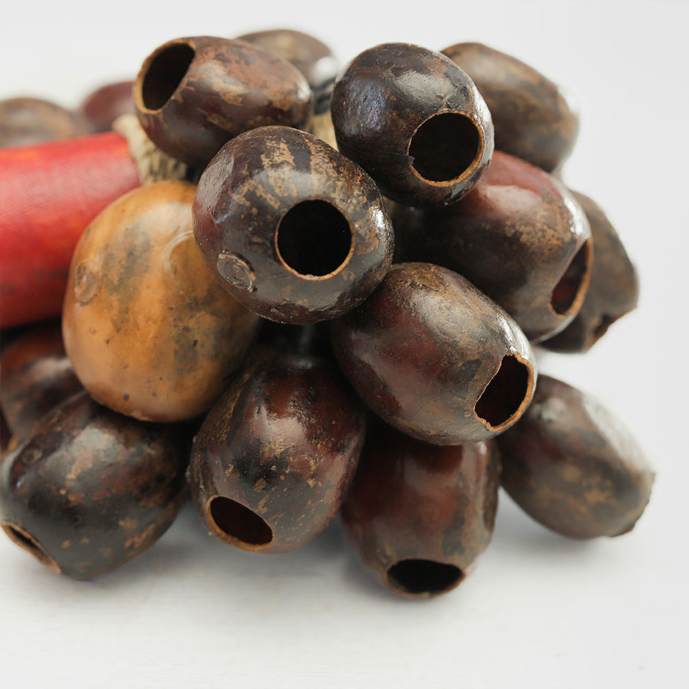 Extreme close up of the rubber seeds attached to the rubber seed shaker handle showing grain and texture.