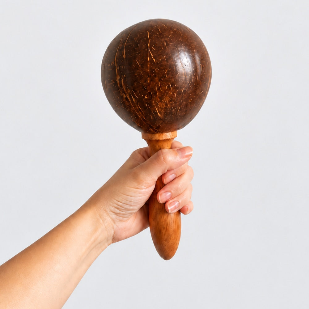 A hand holding a wooden maraca with a round, dark brown coconut shell head and a smooth wooden handle, set against a plain light gray background.