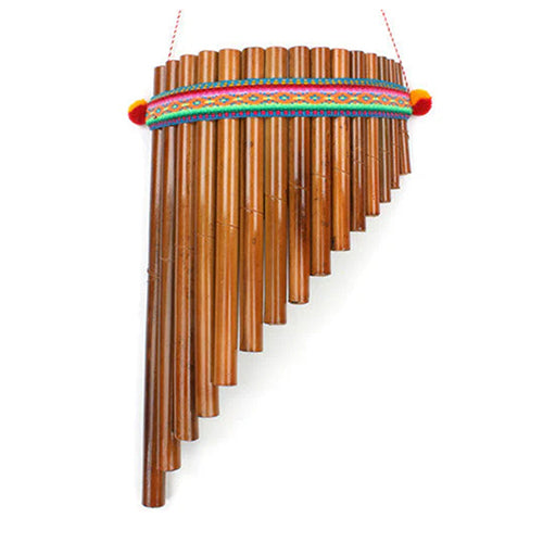 Large dark bamboo wood pan pipes with vibrant Peruvian ribbon.