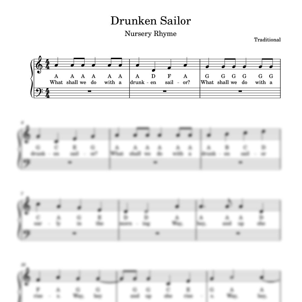 Sheet music for the nursery rhyme 'Drunken Sailor' with lyrics and musical notation.
