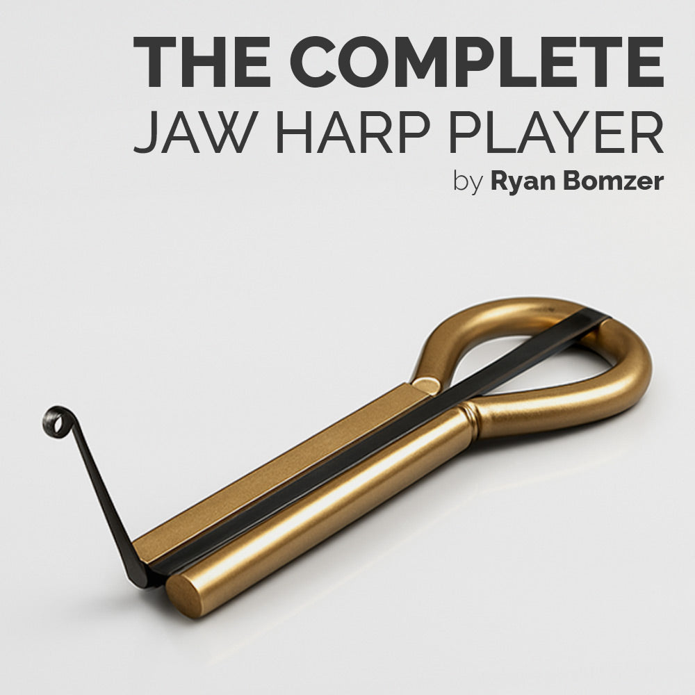 Gold jaw harp on a white background with text 'The Complete Jaw Harp Player by Ryan Bomzer'.