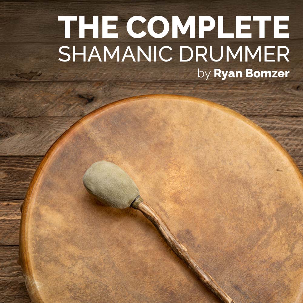 Book cover of 'The Complete Shamanic Drummer' by Ryan Bomzer featuring a drum and mallet on a wooden background.