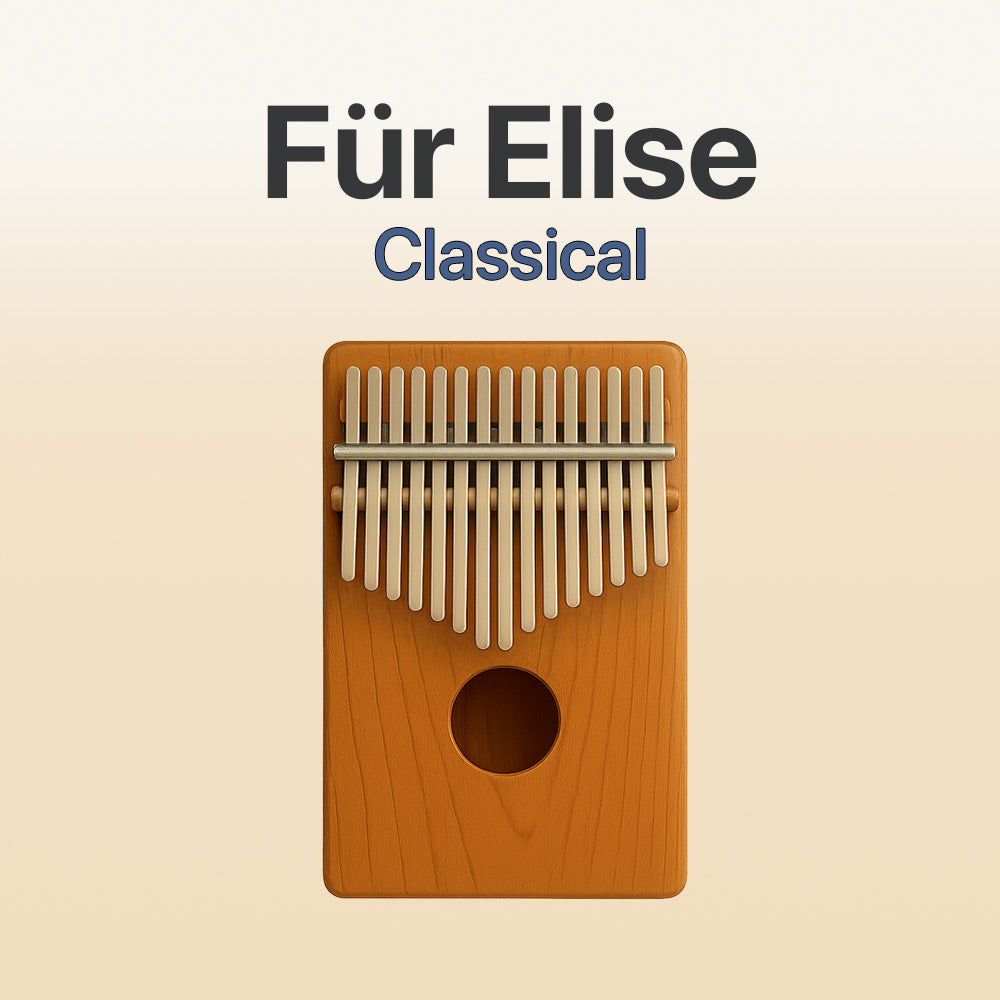Wooden kalimba with metal tines on a beige background, featuring the text 'Für Elise Classical'.