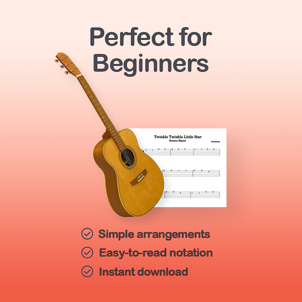 Acoustic guitar with sheet music on a gradient background, labeled 'Perfect for Beginners'.