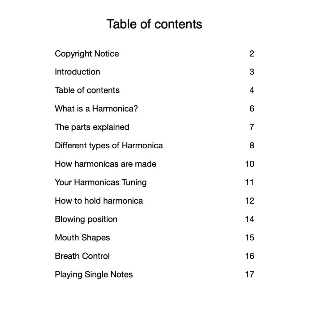 Table of contents for a book or document on harmonicas