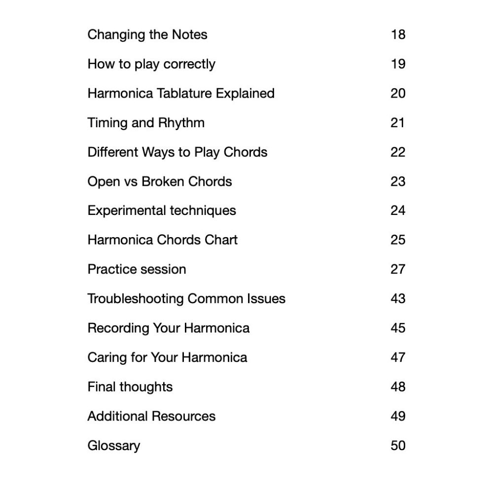 Table of contents for a music instruction book on harmonica, listing topics and page numbers.