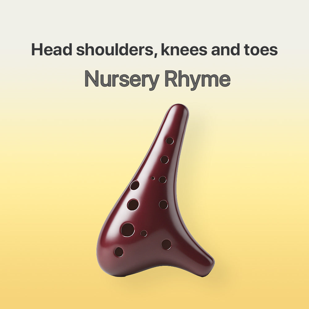 Wooden ocarina on a gradient yellow background with text 'Head shoulders, knees and toes Nursery Rhyme'.