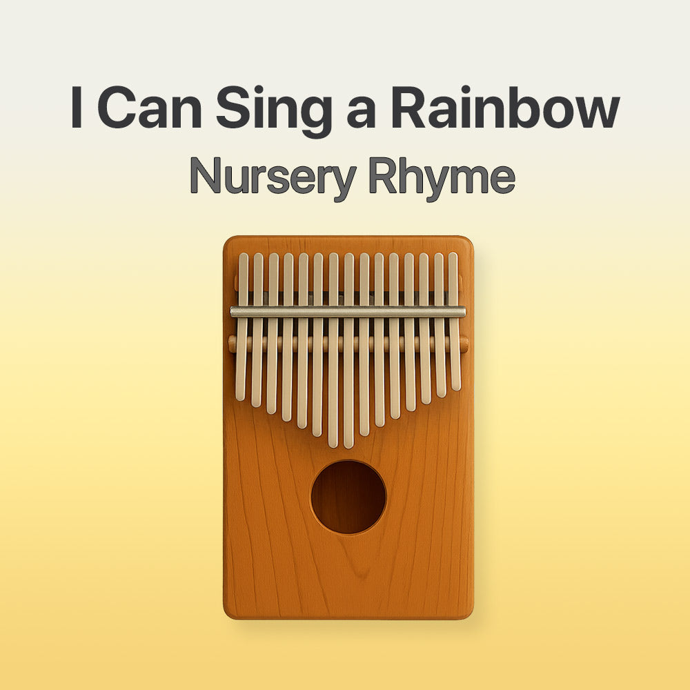 Wooden kalimba with metal tines on a yellow background, text 'I Can Sing a Rainbow Nursery Rhyme' above.