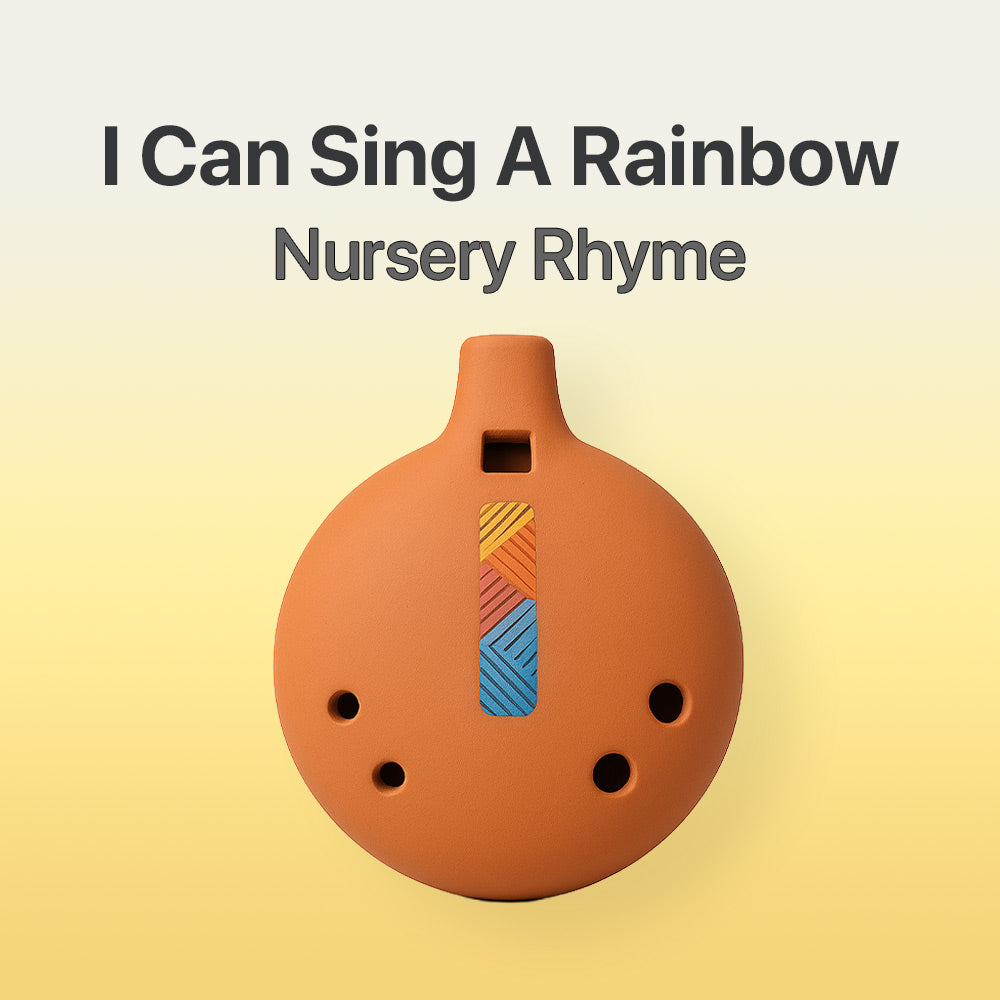Terracotta-colored musical instrument with colorful design on a gradient background, featuring text 'I Can Sing A Rainbow Nursery Rhyme'.