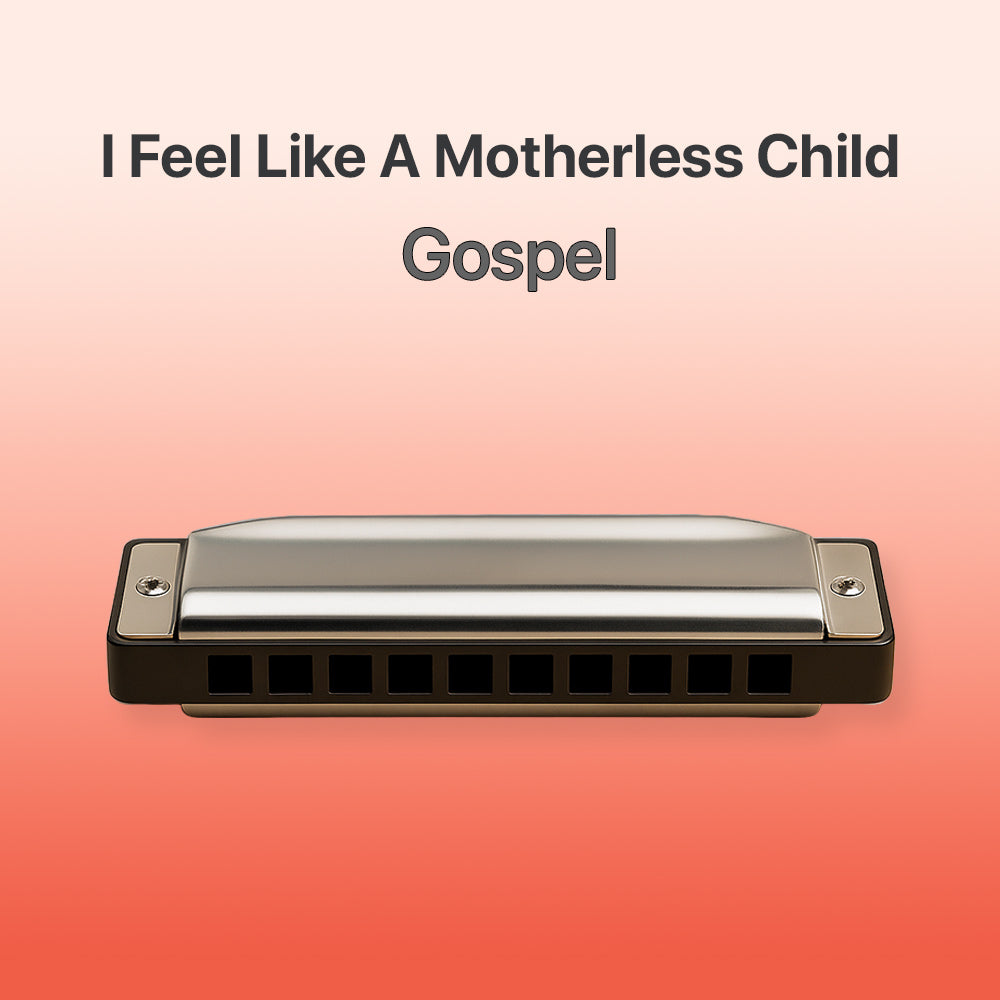Harmonica on a gradient background with text 'I Feel Like A Motherless Child Gospel'.