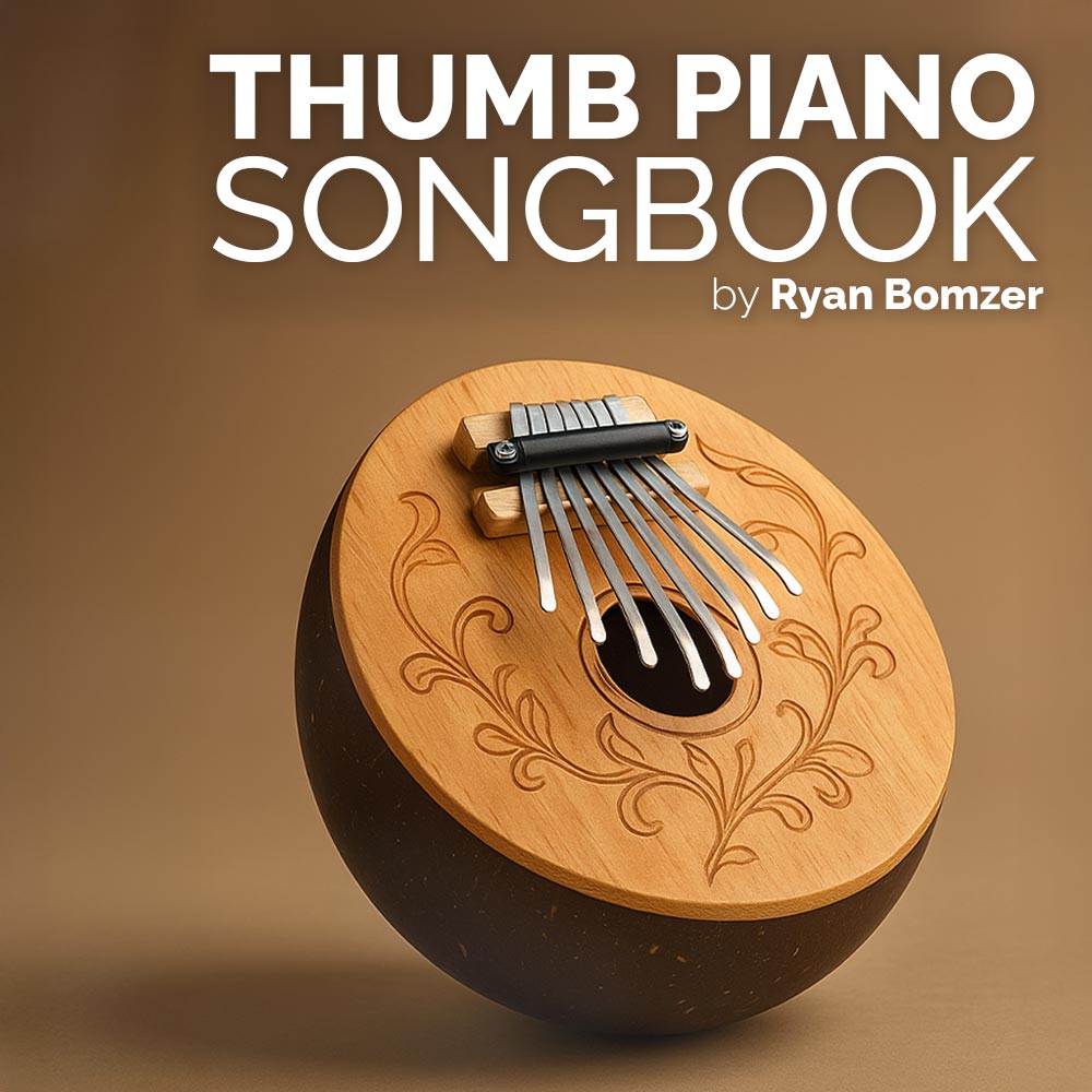 Thumb piano with decorative design on a brown background, featuring the text 'Thumb Piano Songbook by Ryan Bomzer'.