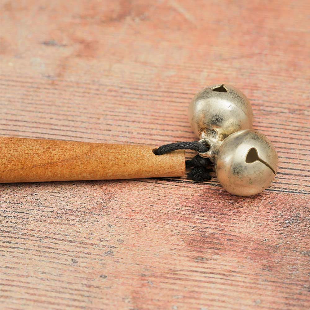 Close-up of two bells on the Jati Sleigh Bell Shaker, showing their metal finish and attachment.