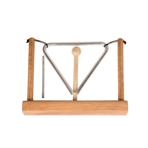 Wooden triangle with metal bell on a white background