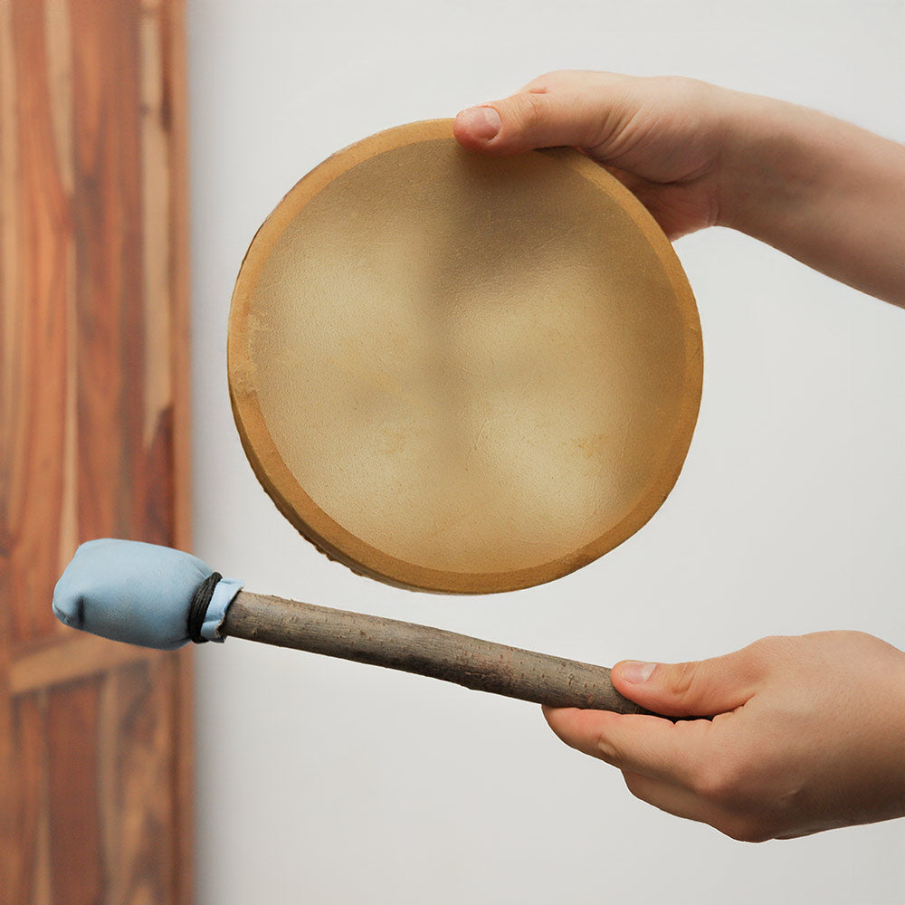 Handheld 20cm Khenji shamanic drum with cowhide, wooden frame hoop, and beater, made in Pakistan
