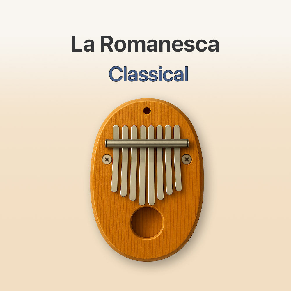 Wooden kalimba with metal tines on a beige background, labeled 'La Romanesca Classical'.