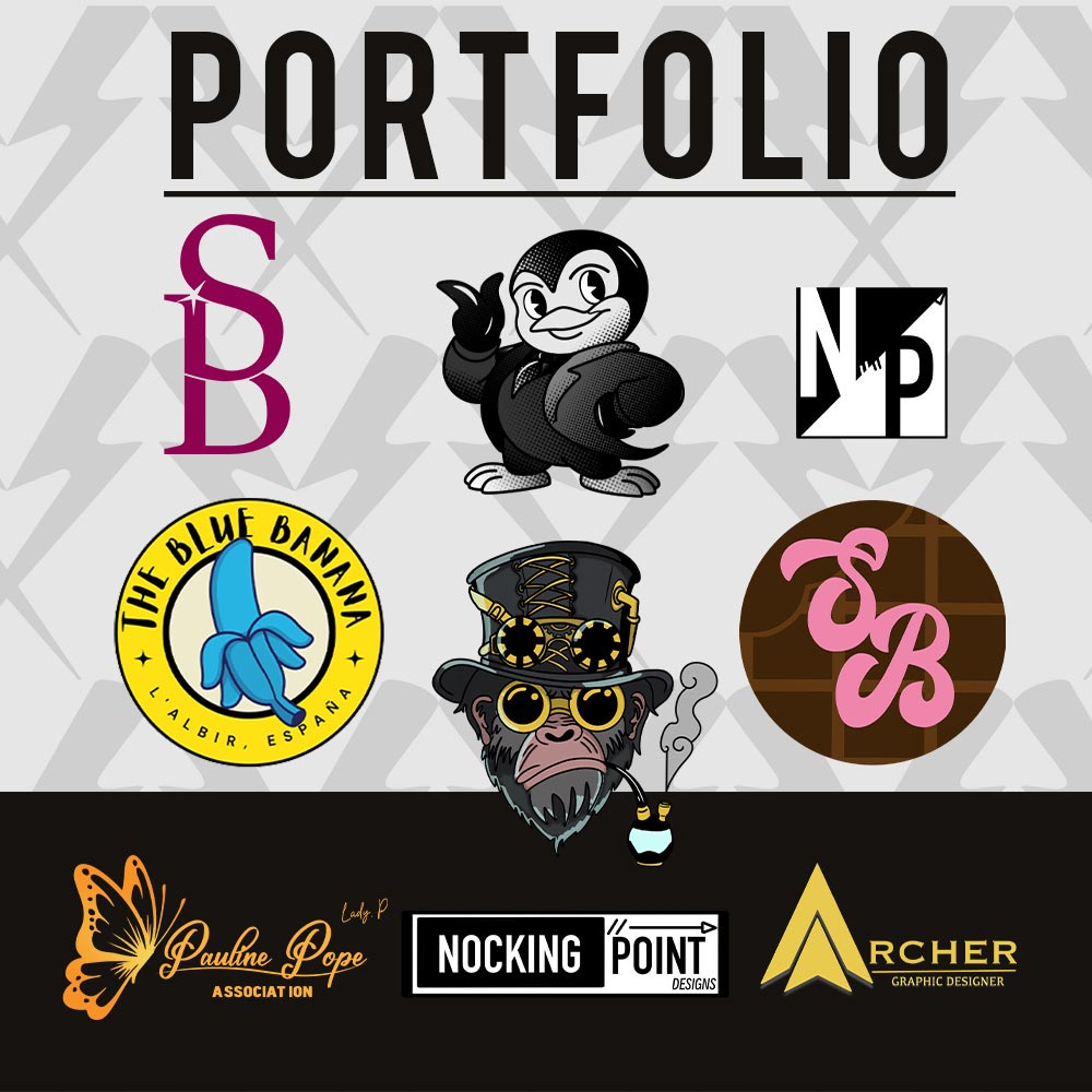 Collection of logo designs featuring a cobra snake, butterfly, monkey, skull rose, and dinosaur icons.