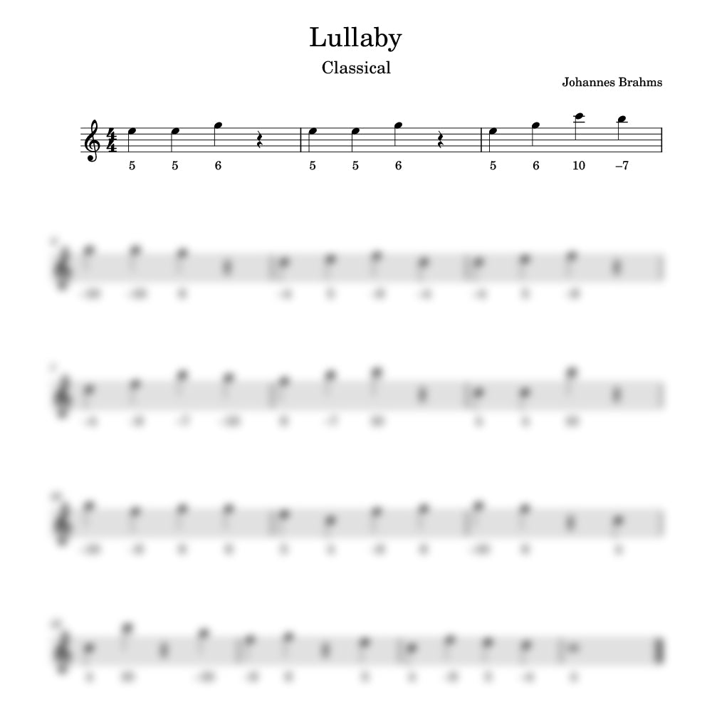 Sheet music for Johannes Brahms' Lullaby with musical notation and title.