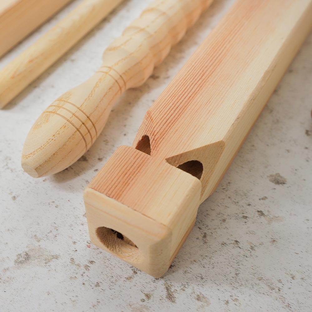 Close up of the mouthpiece of the matsu train whistle sound effect instrument