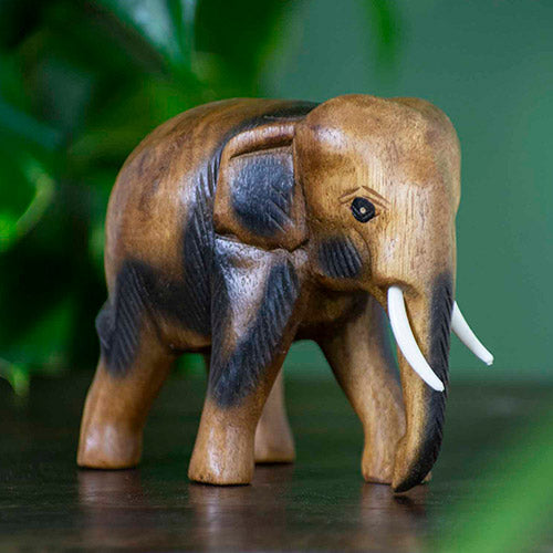 Medium solid wood carved elephant figurine ornament