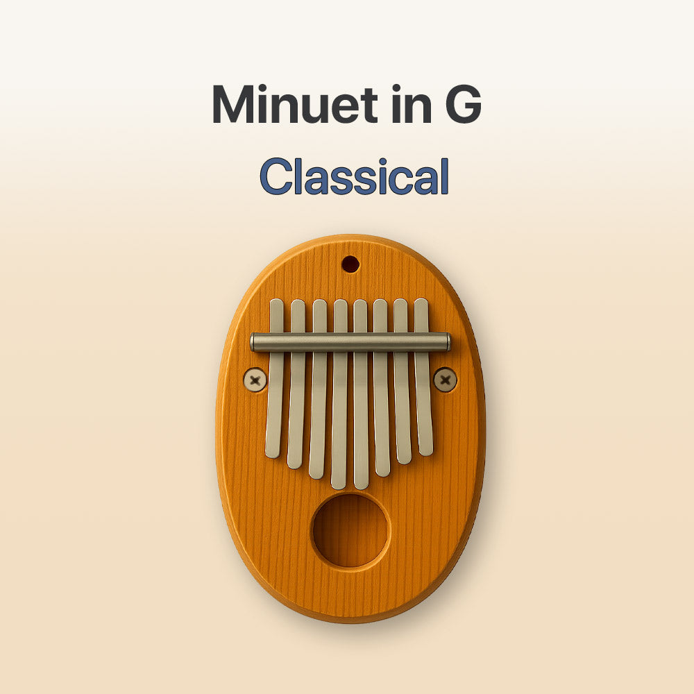 Wooden kalimba with metal tines on a beige background, labeled 'Minuet in G Classical'.
